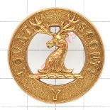 Scottish. Lovat Scouts Yeomanry OR’s larger pattern brass cap badge. Die-stamped (KK 1499) Loops VGC