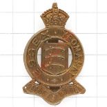 Essex Yeomanry flat top crowned brass badge, Die-stamped. (KK 1452) Slider VGC