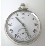 An Omega open faced pocket watch, stainless steel white enamel dial with Roman numerals and