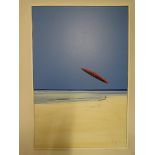 John Horsewell Oil on canvas, red sun-shack on a beach, coastal scene, 36 x 24