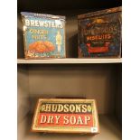 Three advertising boxes to include a wooden Hudson's Dry Soap box, 15 1/2 x 6 1/4, a tin Brewster'