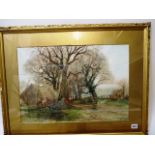 Fox HC - circa 1910 three framed and glazed watercolours depicting harvest time and cattle drover