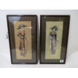 Two fashion paintings of young ladies, mixed media, watercolour and stamp collage, mounted and