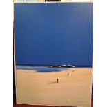 John Horsewell, oil on canvas, three moored fishing boats on a beach, coastal scene, 40 x 30