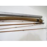 Hardy Palakona 9' split cane fly rod, two tips (one A/F) in cloth case and aluminium tube