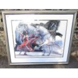 A framed and glazed abstract oil depicting a female flamenco dancer and a Spanish horse and rider,