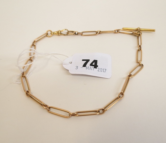 An 18ct gold chain link watch chain with T bar, stamped 18, 17g