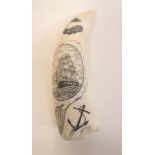 An early 20th century carved scrimshaw depicting a galleon in full sail, 5 in length, signed