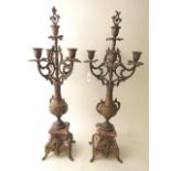 A pair of 19th century French gilt metal and marble table candelabras, lamped, 27 6/8 high