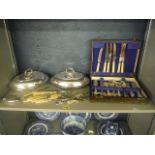 Silver plated tableware to include a pair of entree dishes, cutlery and other items