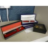 A Waterman fountain pen, boxed, other pens and costume jewellery