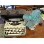 A vintage lot to include a Princess 300 typewriter and a vintage fan