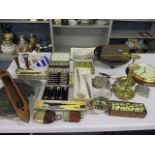 A mixed lot to include silver plate, brass ware, a clock, hip flasks, a bobbin and other items