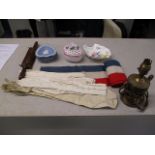 A mixed lot to include a table lamp, kid gloves, Wedgwood, French ceremonial flags, a Nepalese