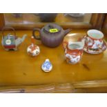 A Chinese Yixing Zisha pottery teapot with lion dog finial, small Japanese Blanko elephant teapot,