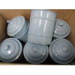 Light blue enamelled kitchen storage jars with Sugar, Tapioca etc