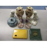 A miscellaneous lot comprising a silk prayer mat, mixed tea and coffee sets, ornaments, an