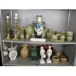 A mixed lot of ceramics and metalware to include a pair of Brazilian bisque porcelain figures of