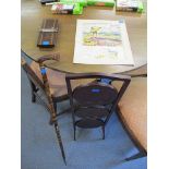 A mahogany folding three tier cake stand, a tie press, a Swiss walking stick and a vintage mounted