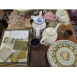 Ceramics and collectables to include Wedgwood diary plates, teapots, pictures, pedestal glasses