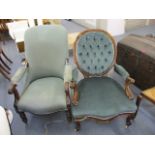 A Victorian mahogany salon arm chair and one other