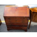 A George III mahogany bureau with four graduated long drawers on bracket feet, 40 h x 34 w