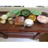 Mixed ceramics to include a three piece Avon ware teaset, green cabbage leaf table wares and other