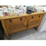 A mid 20th century elm school desk with two drawers, 30h, 48 w, together with a 1920s oak