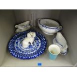 Blue and white Danish tableware, a Staffordshire dog A/F, a Portuguese ceramics wall charger, a