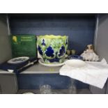 Mixed ceramics to include a Victorian Majolica jardiniere, a collectors doll, Royal Copenhagen