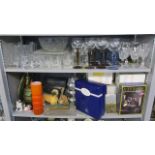 A mixed lot to include a Swedish orange glass vase, dressing table sets, boxed glassware, whisky