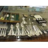 Silver plated Kings pattern cutlery and flatware, together with two small vintage cutlery trays,