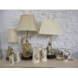 Modern china jugs, various sizes and three composition figural table lamps and shades