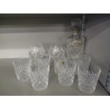 A selection of cut glasses to include brandy glasses and a decanter