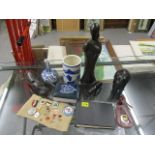 A mixed lot to include a Chinese brush pot A/F, treen carved figures, badges and other items