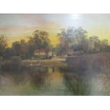 Allam - Sonning, oil on canvas, figures by a village and a bridge, oil on canvas, signed lower
