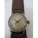 A gents WW2 military Longines wristwatch, the base metal case with stainless steel bezel and back,