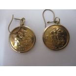 Two gold half sovereigns with St George on the obverse, 1982 in 9ct gold earring setting, 9.3g