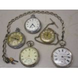 Five pocket watches to include a silver cased Waltham traveler, a silver cased patent lever pocket