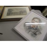 A portrait sketch of a man, signed bottom right, framed and glazed, together with another print