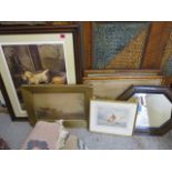 Mixed pictures to include a signed print entitled Learning the Trade and a wall mirror