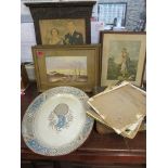 A mixed lot to include books, prints, a carved oak framed and a late Victorian earthenware meat