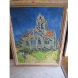 After Van Gogh, a view of a church, print, 43 1/2 x 34 1/2, framed