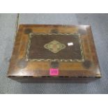 A Victorian inlaid, mixed wood writing box with fitted interior and two glass ink wells, 6 2/8 x