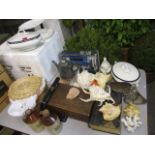 A mixed lot to include seashells, silver plate, a blow torch, a treen box and other items