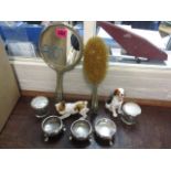 A mixed lot to include a silver plated dressing table mirror and brush, three Georgian silver slats,