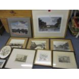 Mixed framed photographic prints and coloured engravings, together with reproduction prints
