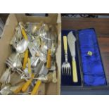 Mixed silver plate and other cutlery to include silver plated fish servers with bone handles