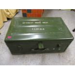 A green tin trunk, possibly military, marked 3710247 ROMS BRAY 1 LOYALS to the top, 13 1/4 h x 31