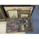 A group of mixed prints and paintings to include a still life, watering can, jug, trug and plants in